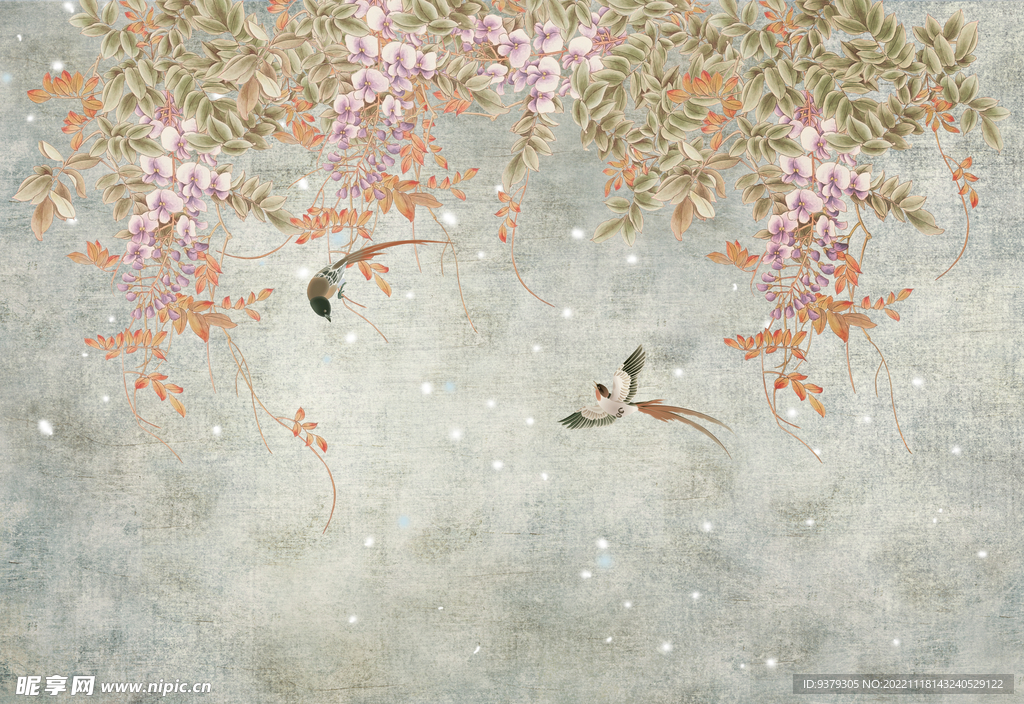 水墨山水简约花鸟背景客厅装饰画