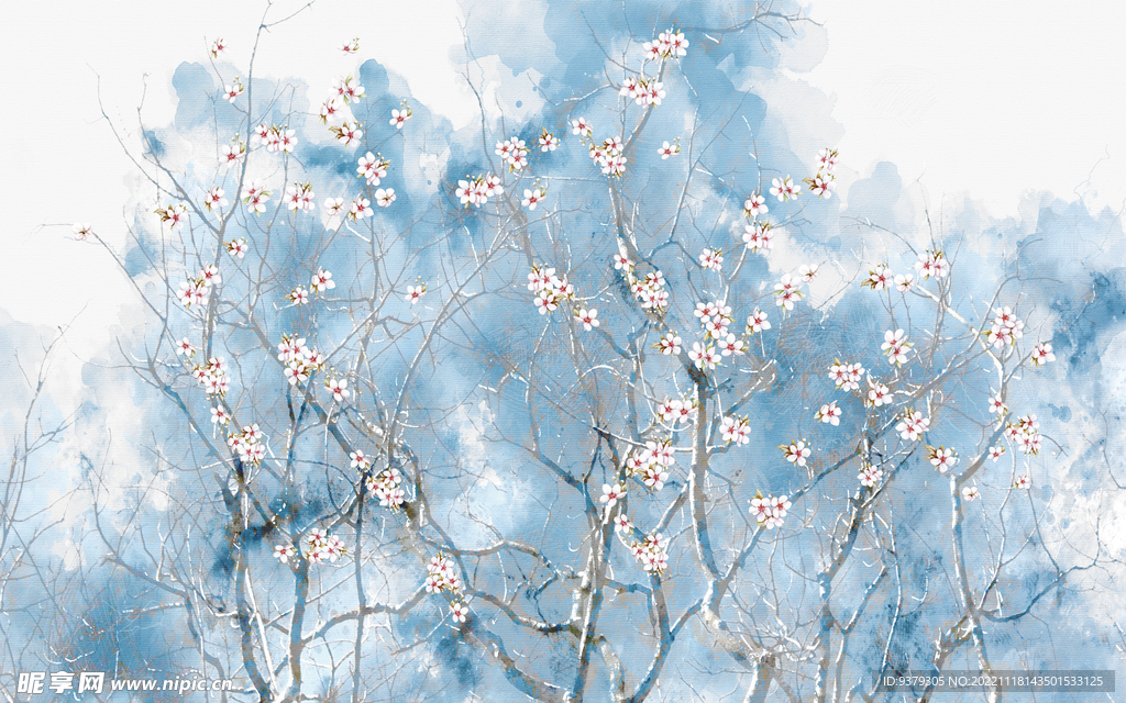 水墨山水简约花鸟背景客厅装饰画