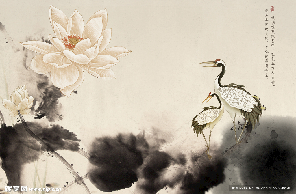 水墨山水简约花鸟背景客厅装饰画