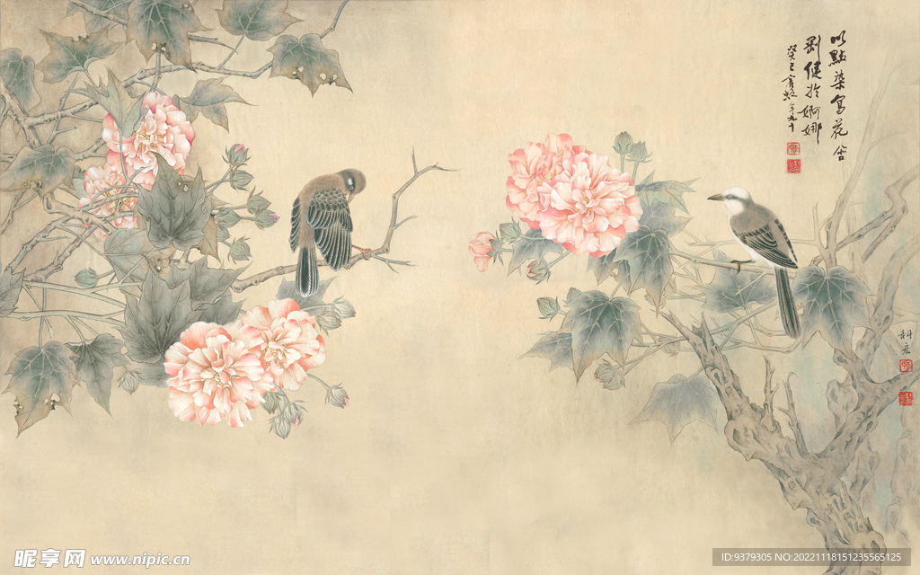 水墨山水简约花鸟背景客厅装饰画