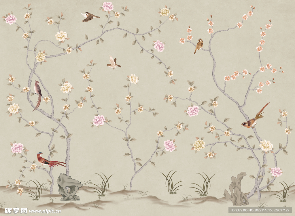 水墨山水简约花鸟背景客厅装饰画