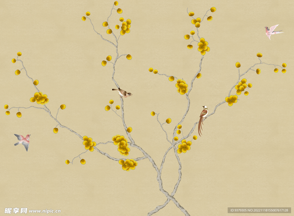 水墨山水简约花鸟背景客厅装饰画