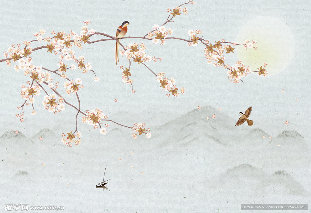 水墨山水简约花鸟背景客厅装饰画