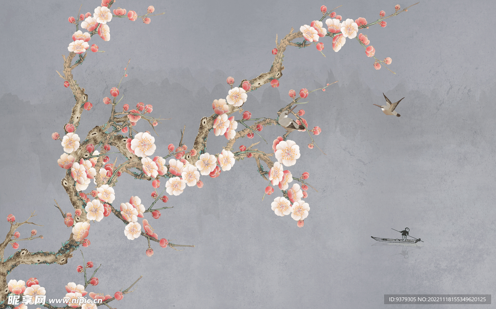 水墨山水简约花鸟背景客厅装饰画