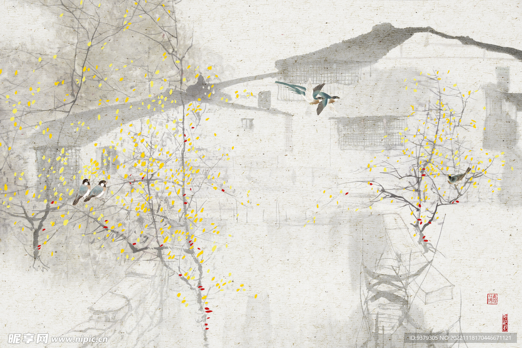 水墨山水简约花鸟背景客厅装饰画