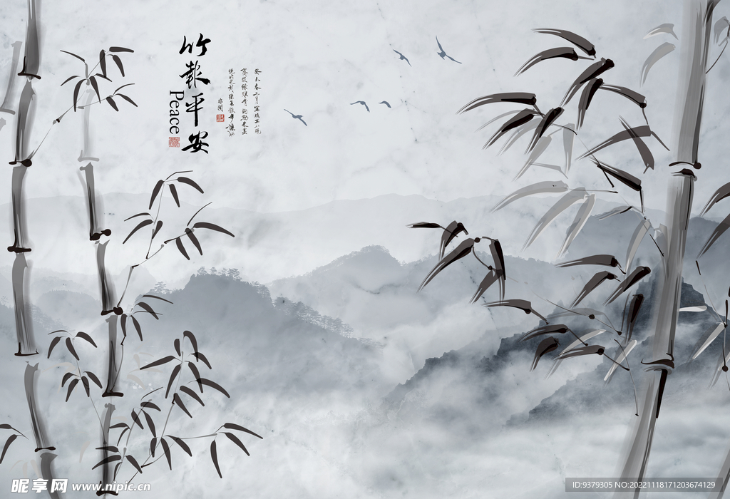 水墨山水简约花鸟背景客厅装饰画