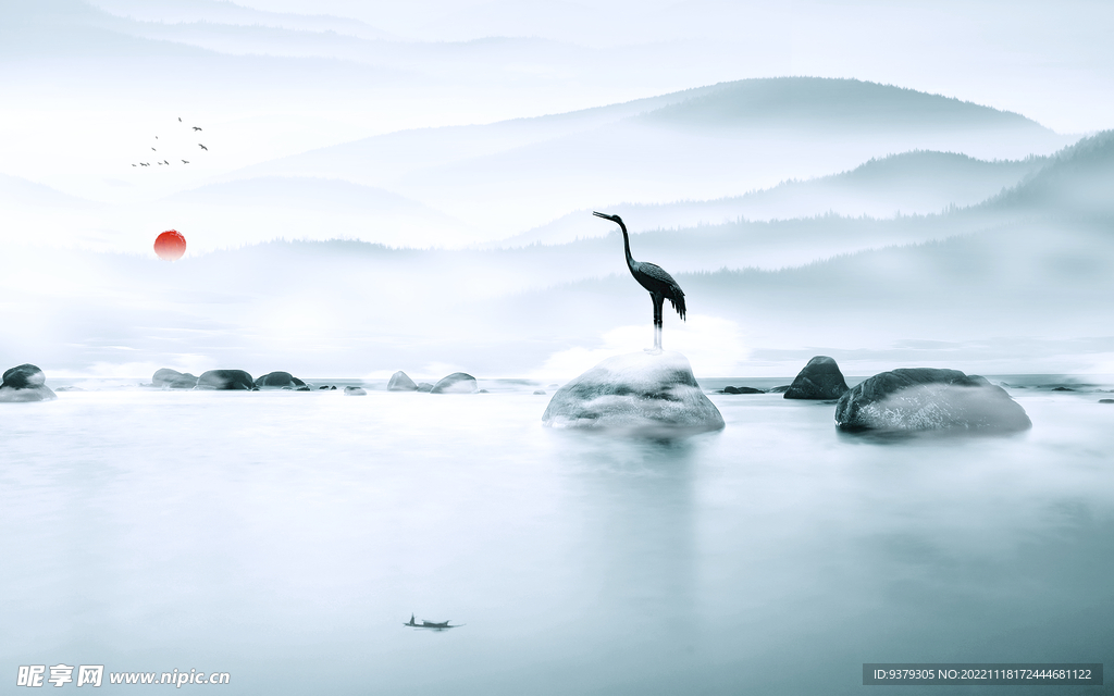 水墨山水简约花鸟客厅装饰画