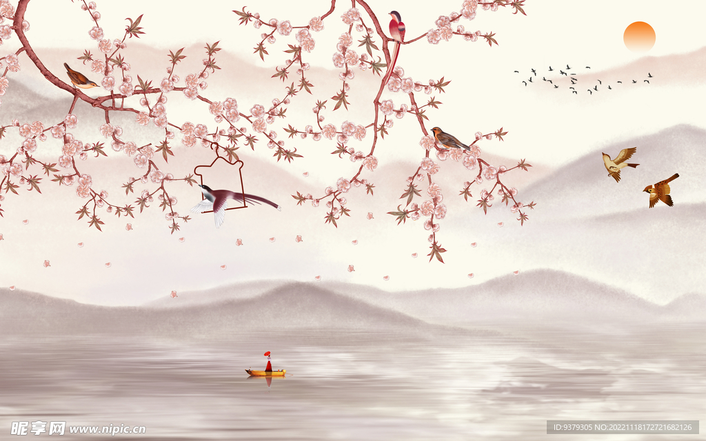 水墨山水简约花鸟客厅装饰画