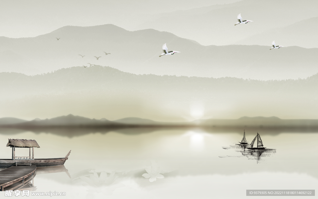 水墨山水简约花鸟背景客厅装饰画