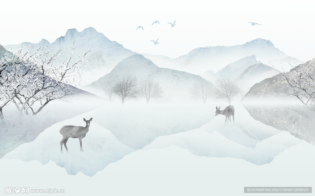 水墨山水简约花鸟背景客厅装饰画