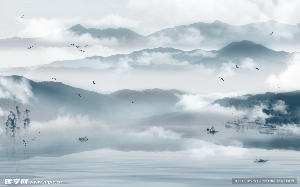 水墨山水简约花鸟背景客厅装饰画