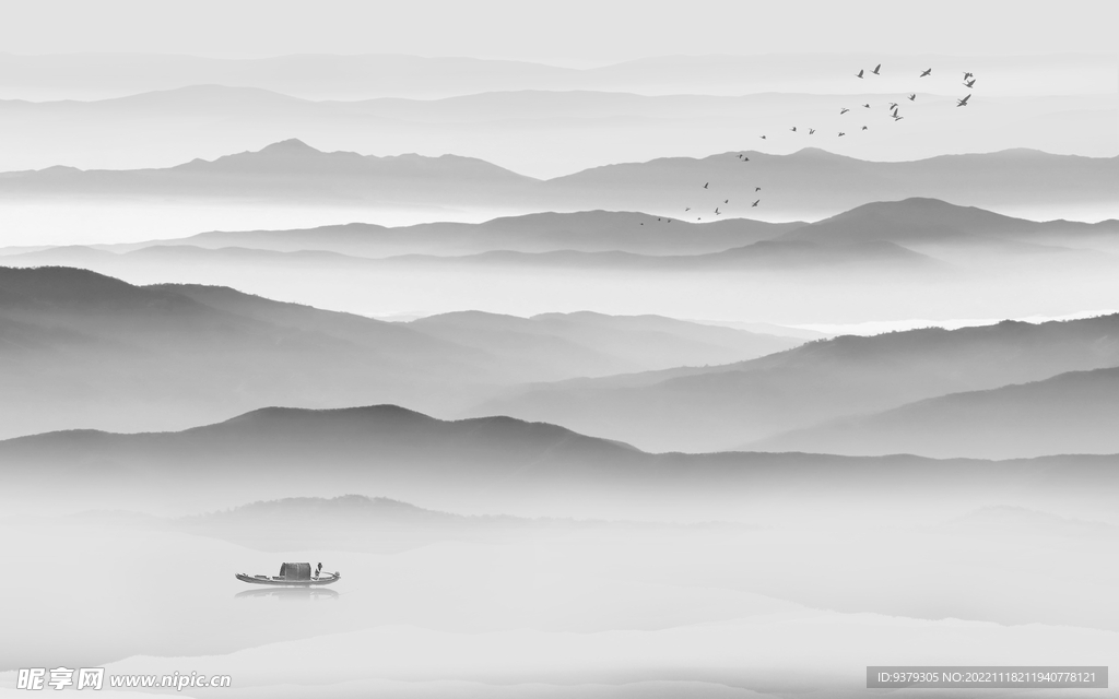 水墨山水简约花鸟背景客厅装饰画