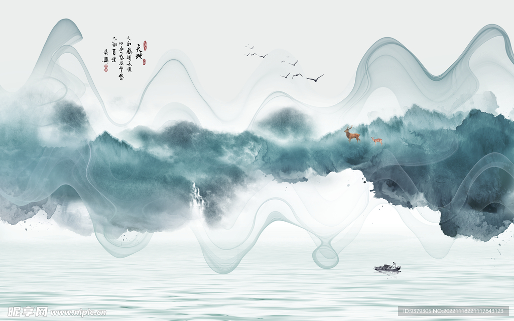 水墨山水简约花鸟背景客厅装饰画