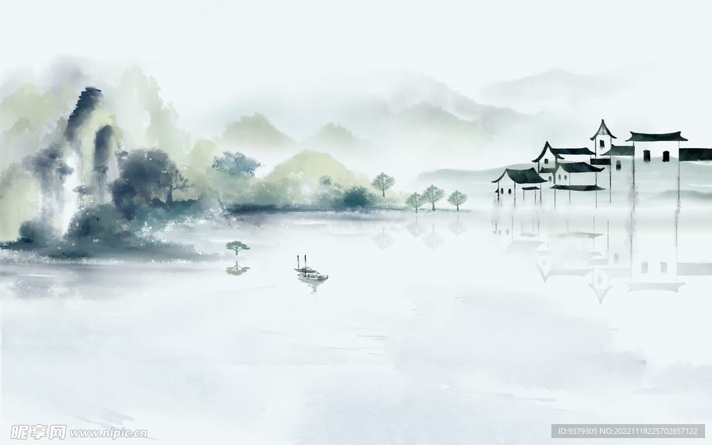 水墨山水简约花鸟背景客厅装饰画