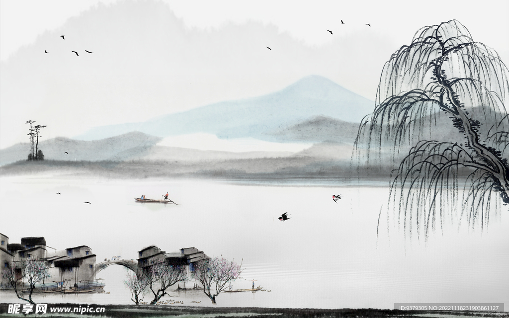 水墨山水简约花鸟背景客厅装饰画