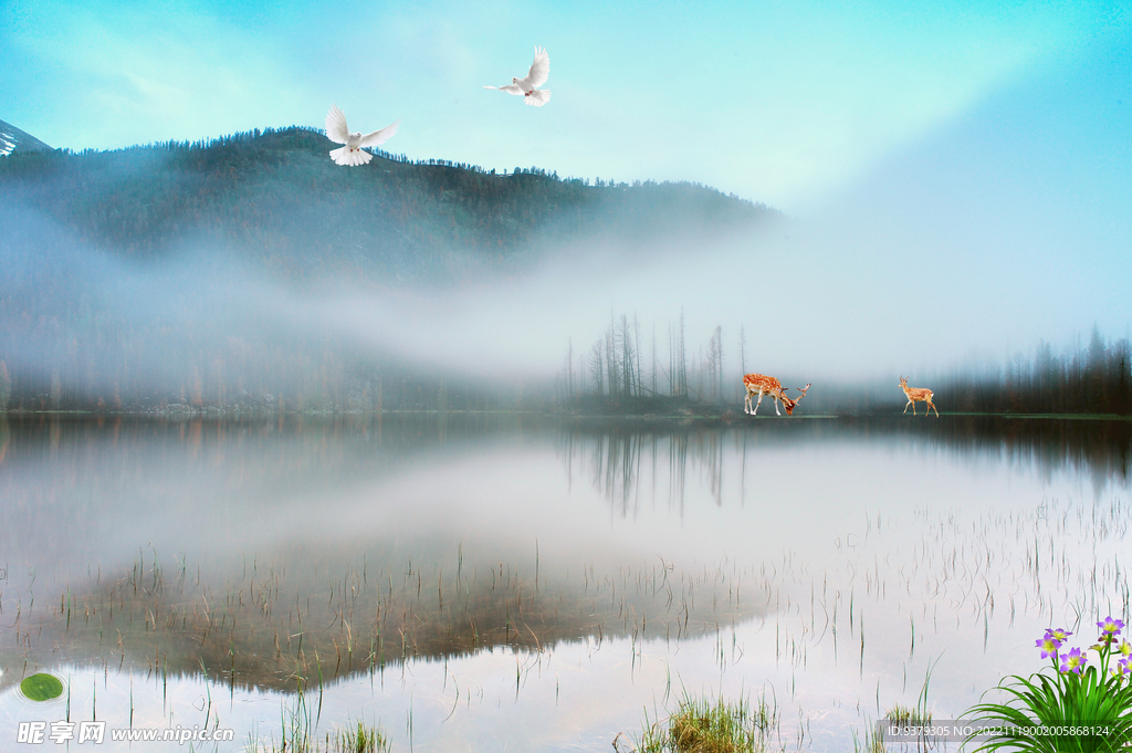 水墨山水简约花鸟背景客厅装饰画