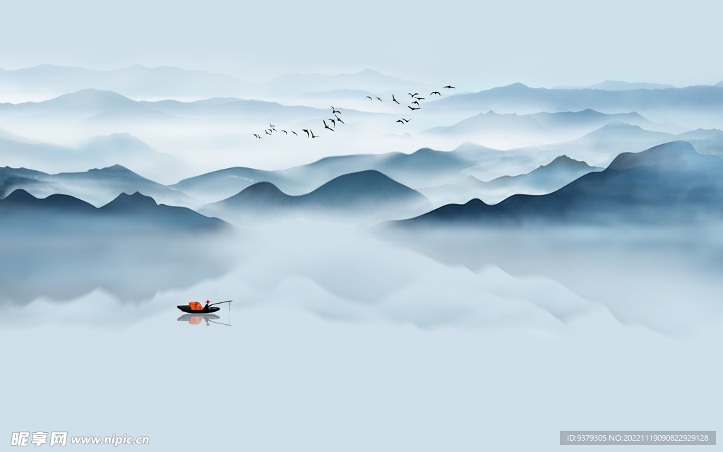 水墨山水简约花鸟背景客厅装饰画