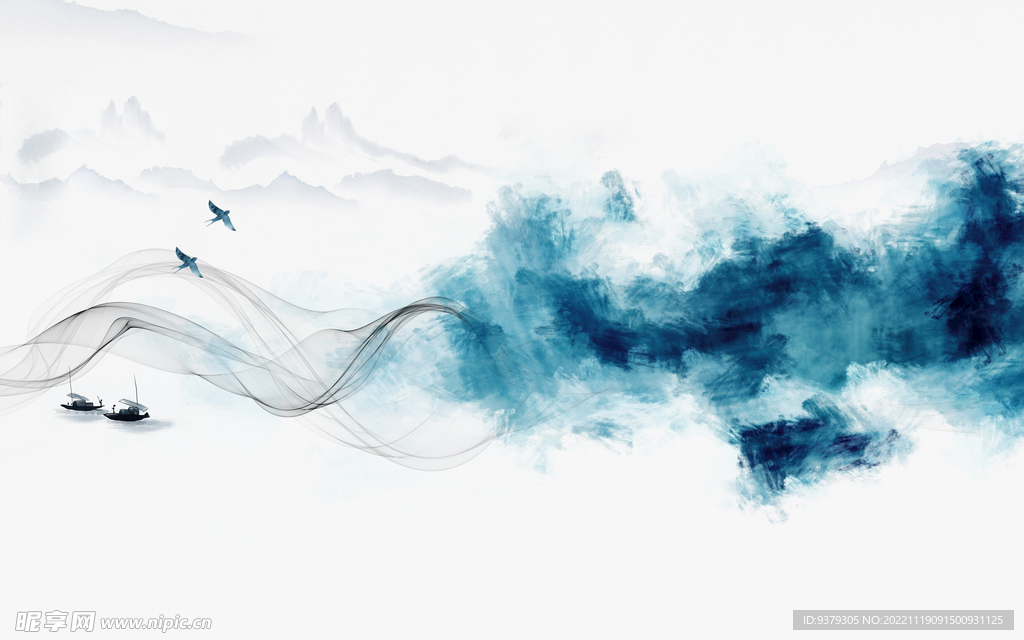 水墨山水简约花鸟背景客厅装饰画