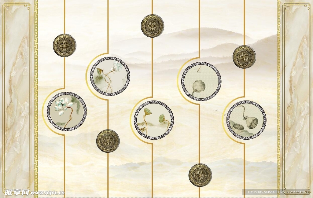 水墨山水简约花鸟背景客厅装饰画