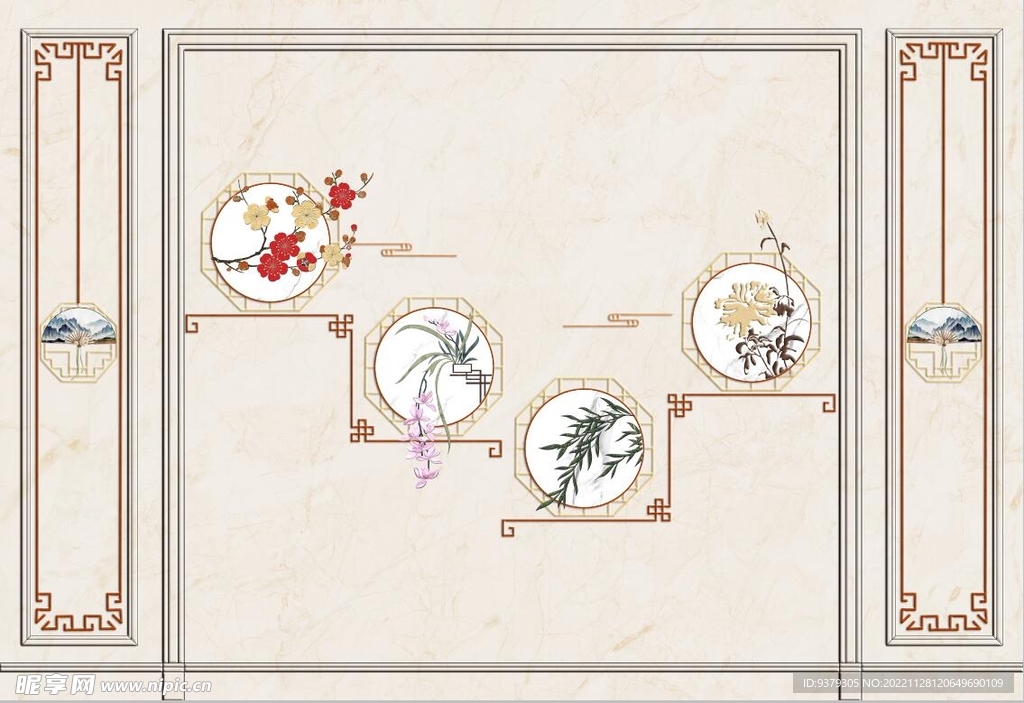 水墨山水简约花鸟背景客厅装饰画