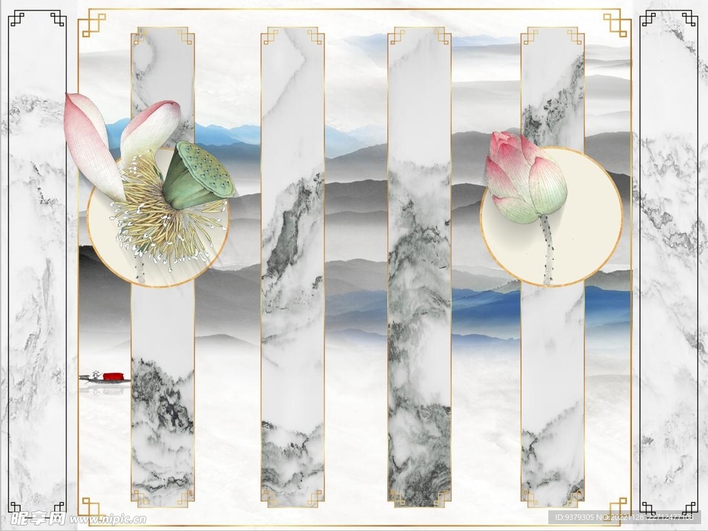 水墨山水简约花鸟背景客厅装饰画