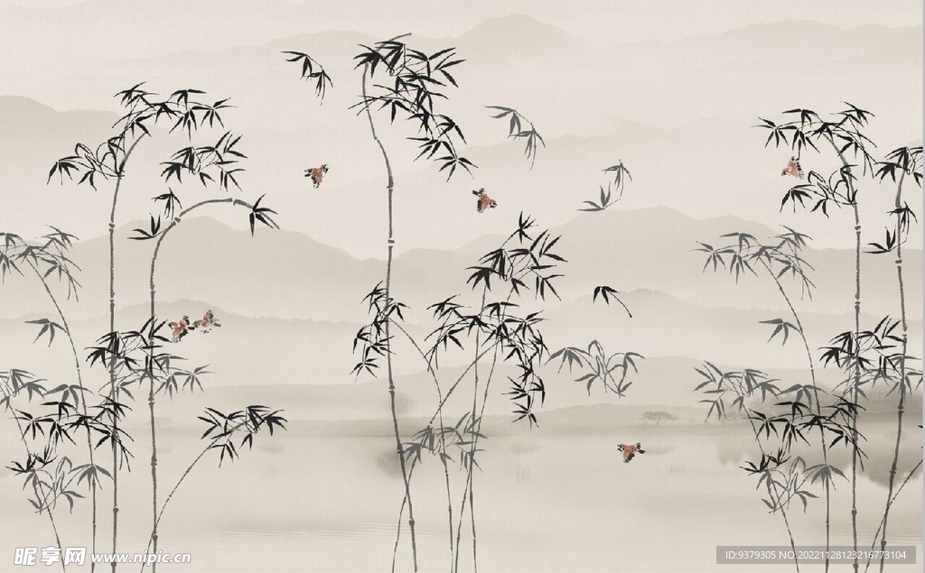 水墨山水简约花鸟背景客厅装饰画