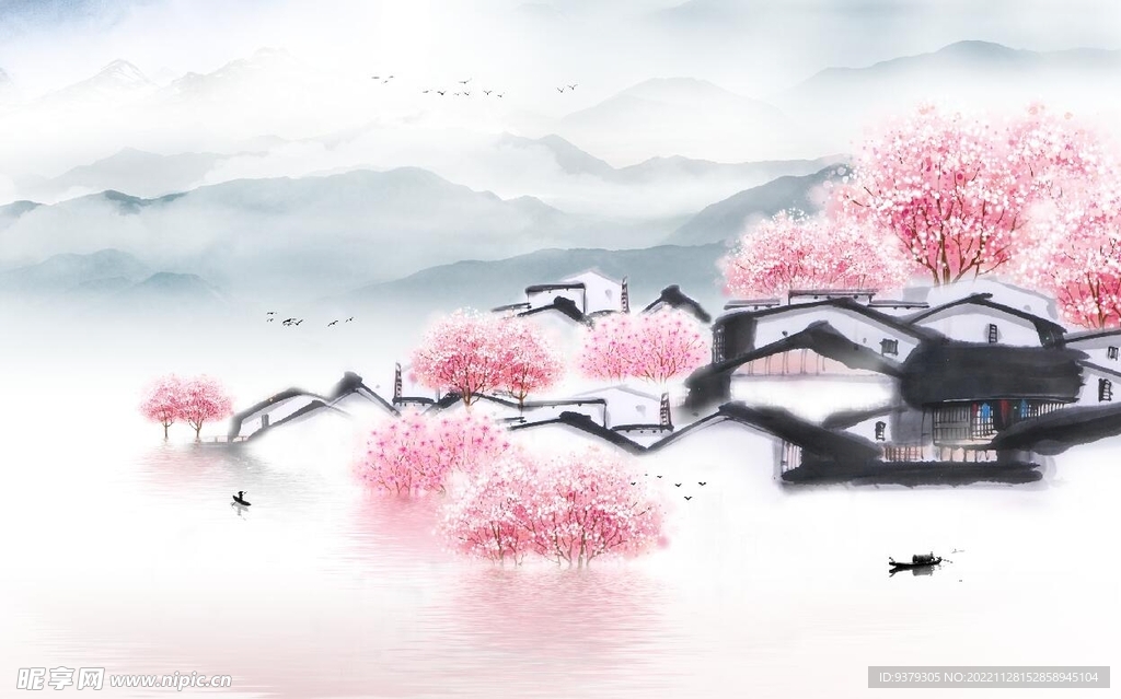 水墨山水简约花鸟背景客厅装饰画