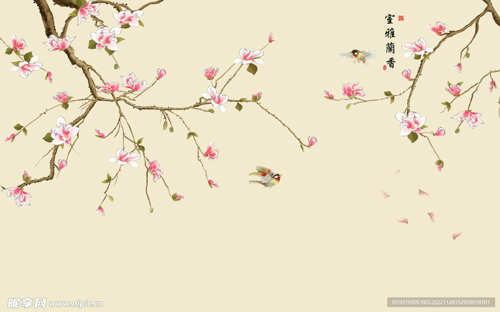 水墨山水简约花鸟背景客厅装饰画