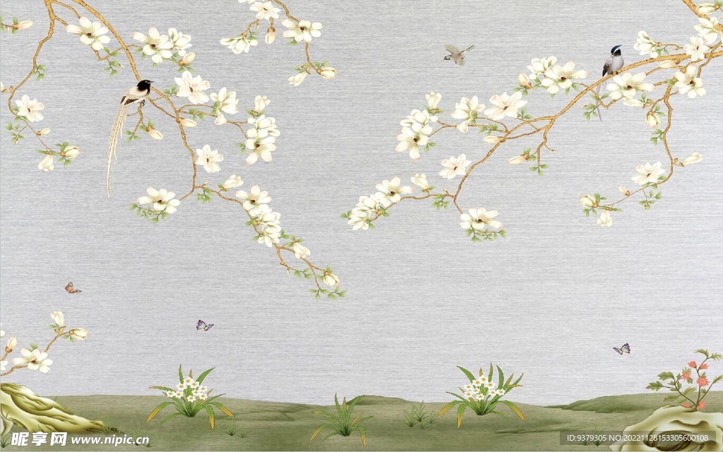 水墨山水简约花鸟背景客厅装饰画