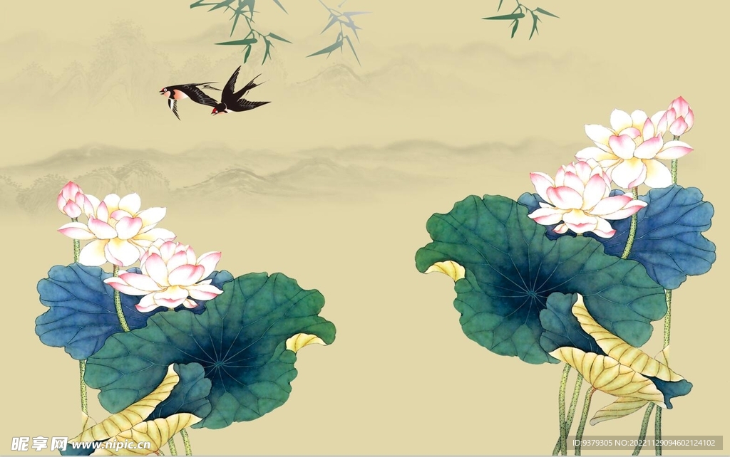 水墨山水简约花鸟背景客厅装饰画