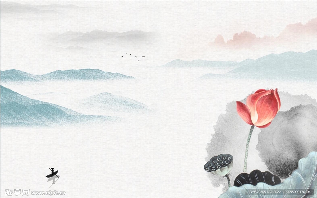 水墨山水简约花鸟背景客厅装饰画