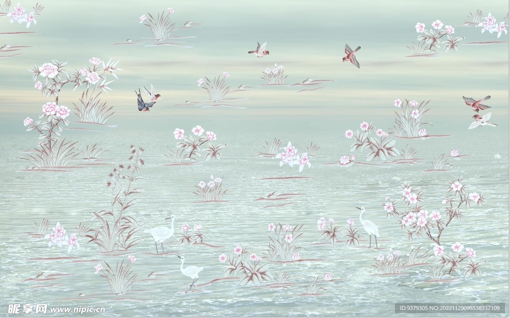 水墨山水简约花鸟背景客厅装饰画