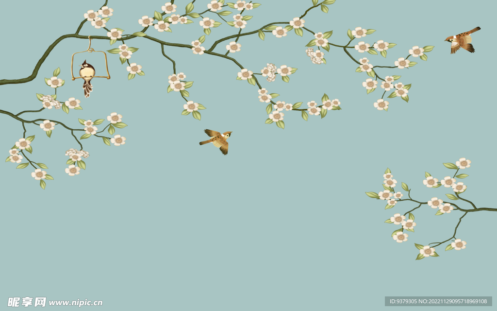 水墨山水简约花鸟背景客厅装饰画