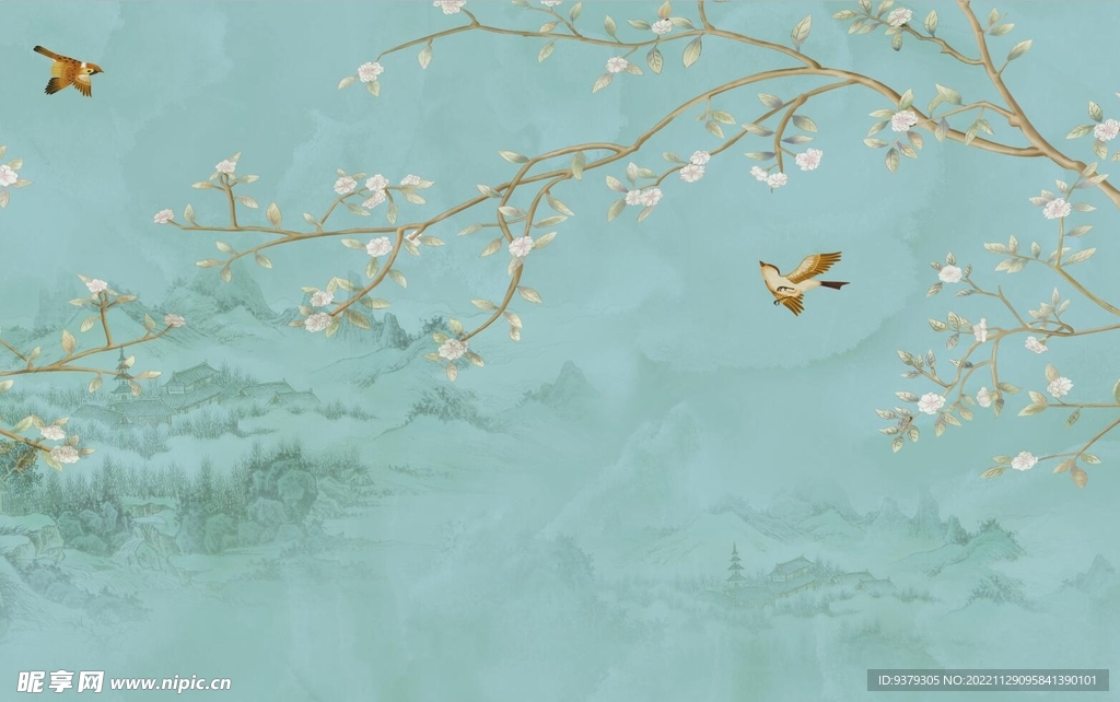 水墨山水简约花鸟背景客厅装饰画