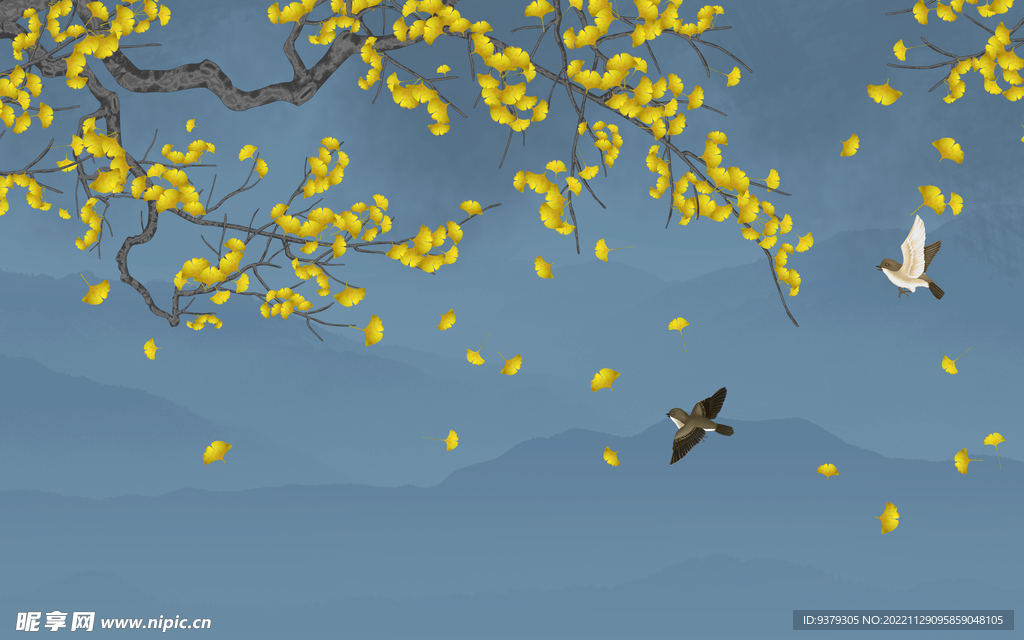 水墨山水简约花鸟背景客厅装饰画