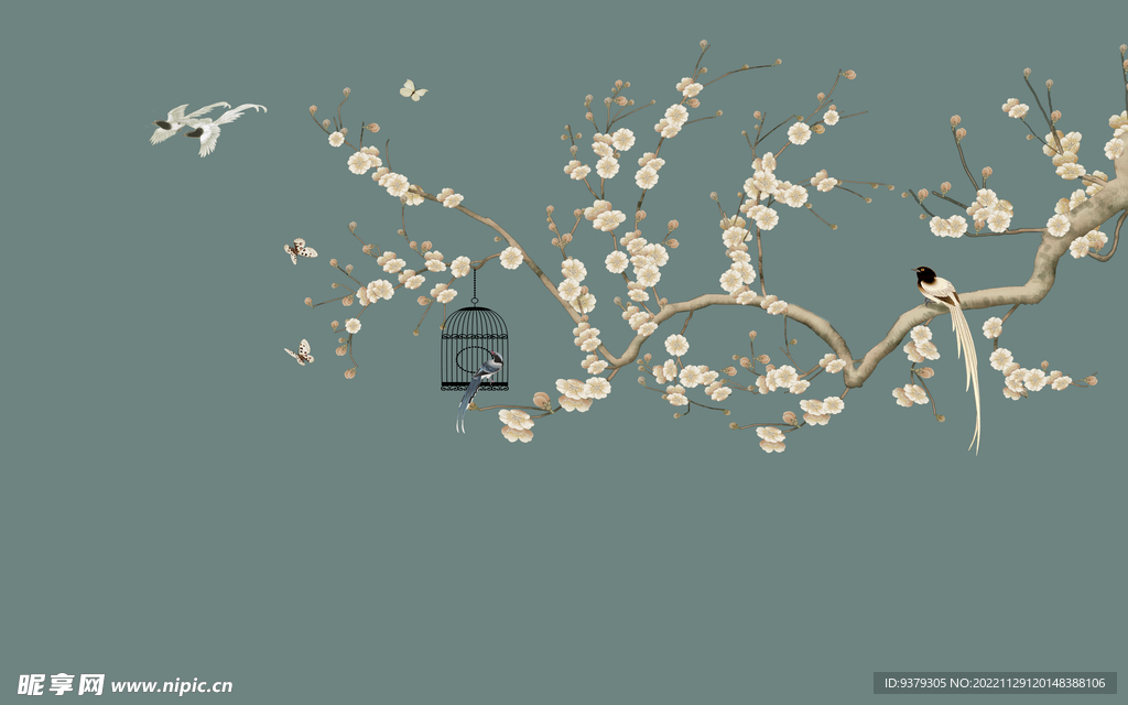 水墨山水简约花鸟背景客厅装饰画