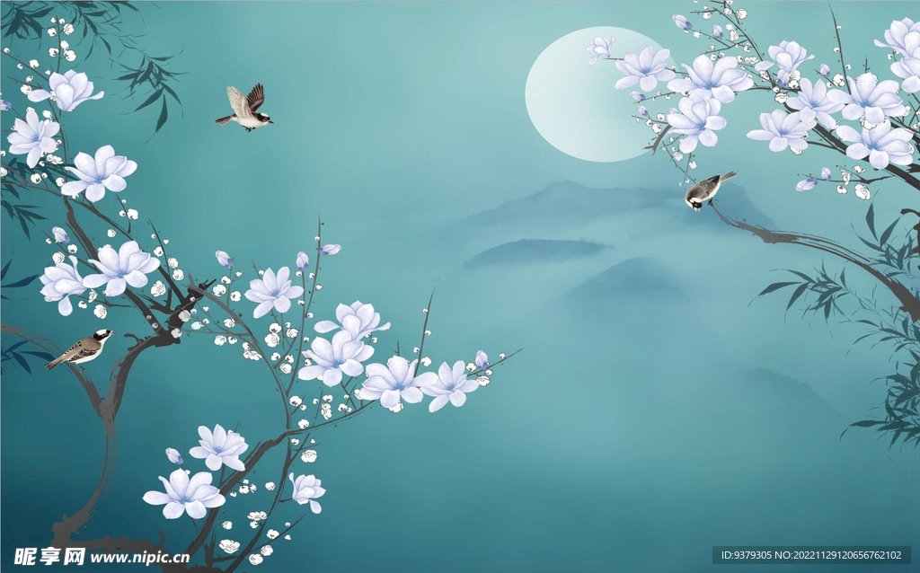 水墨山水简约花鸟背景客厅装饰画