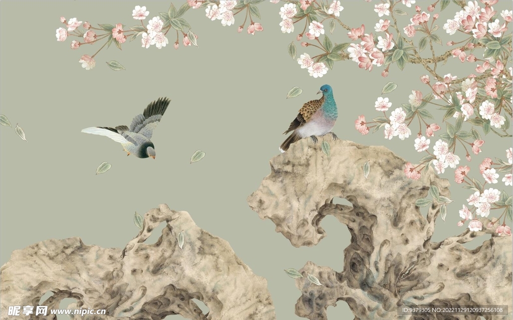 水墨山水简约花鸟背景客厅装饰画