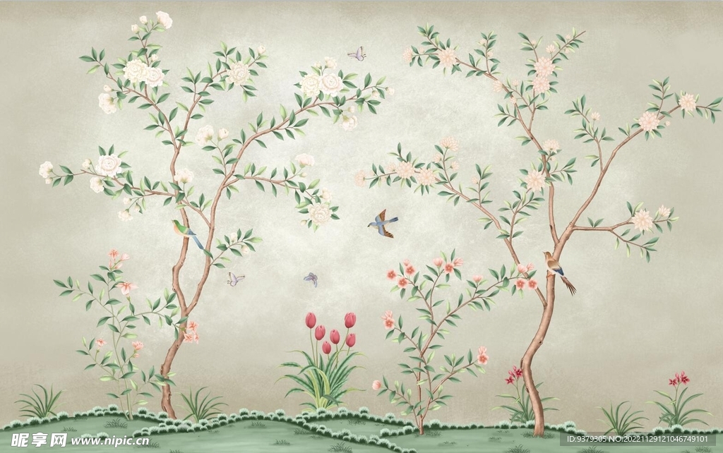 水墨山水简约花鸟背景客厅装饰画