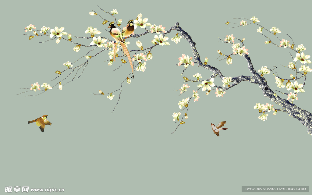 水墨山水简约花鸟背景客厅装饰画