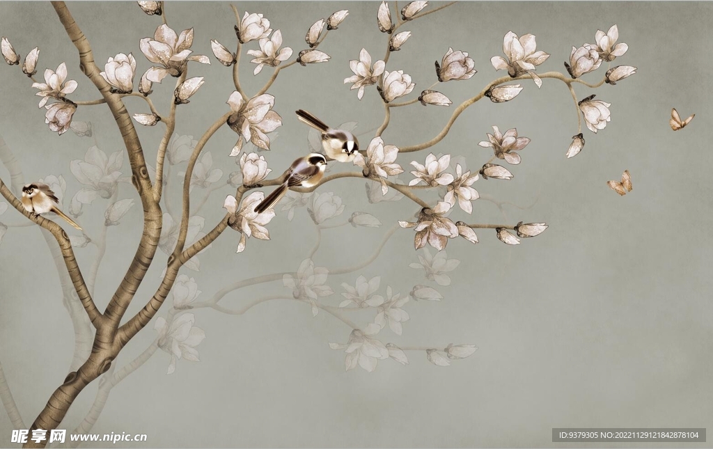 水墨山水简约花鸟背景客厅装饰画