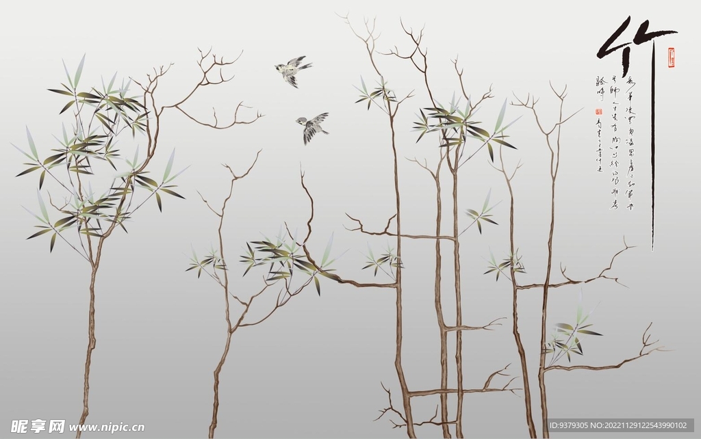 水墨山水简约花鸟背景客厅装饰画