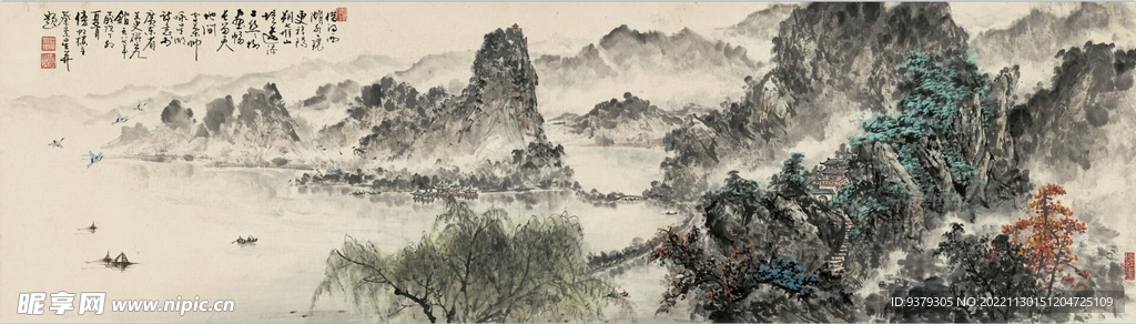水墨山水简约花鸟背景客厅装饰画