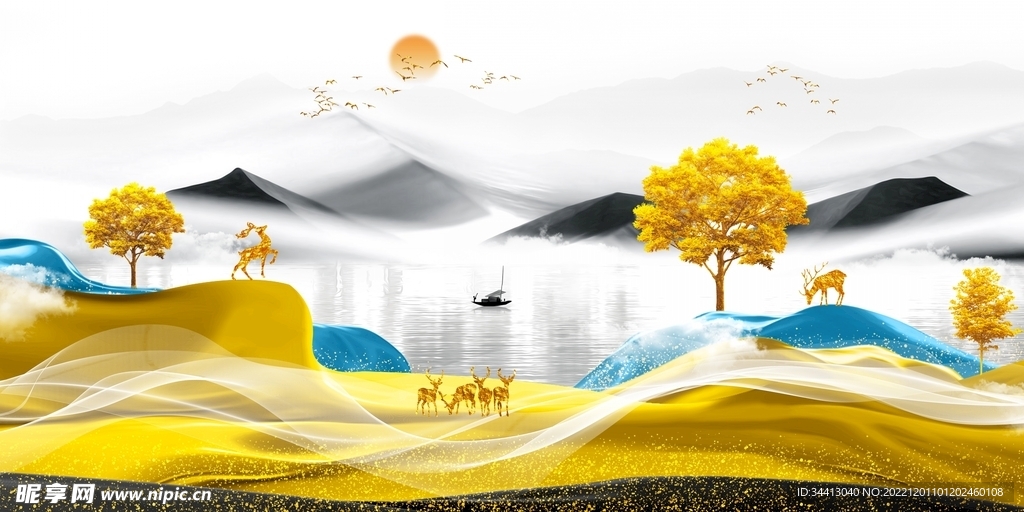 飘带麋鹿山水意境晶瓷画