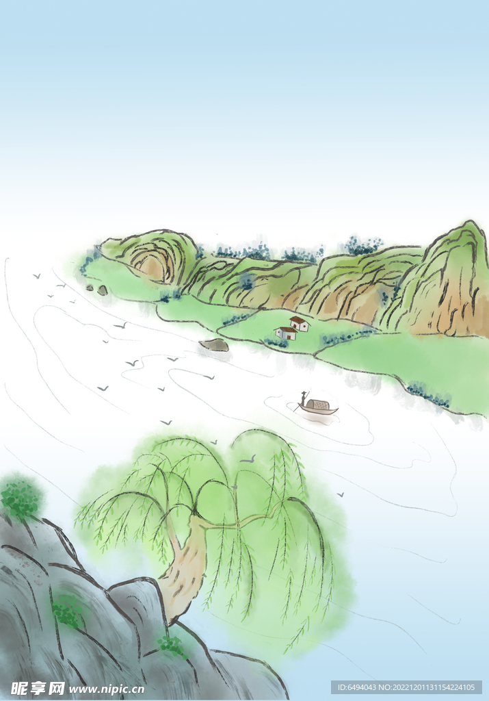 青山绿水田园国画