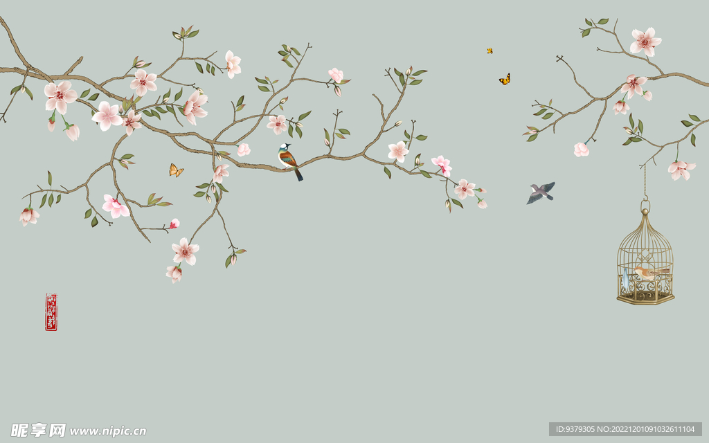 水墨山水简约花鸟背景客厅装饰画