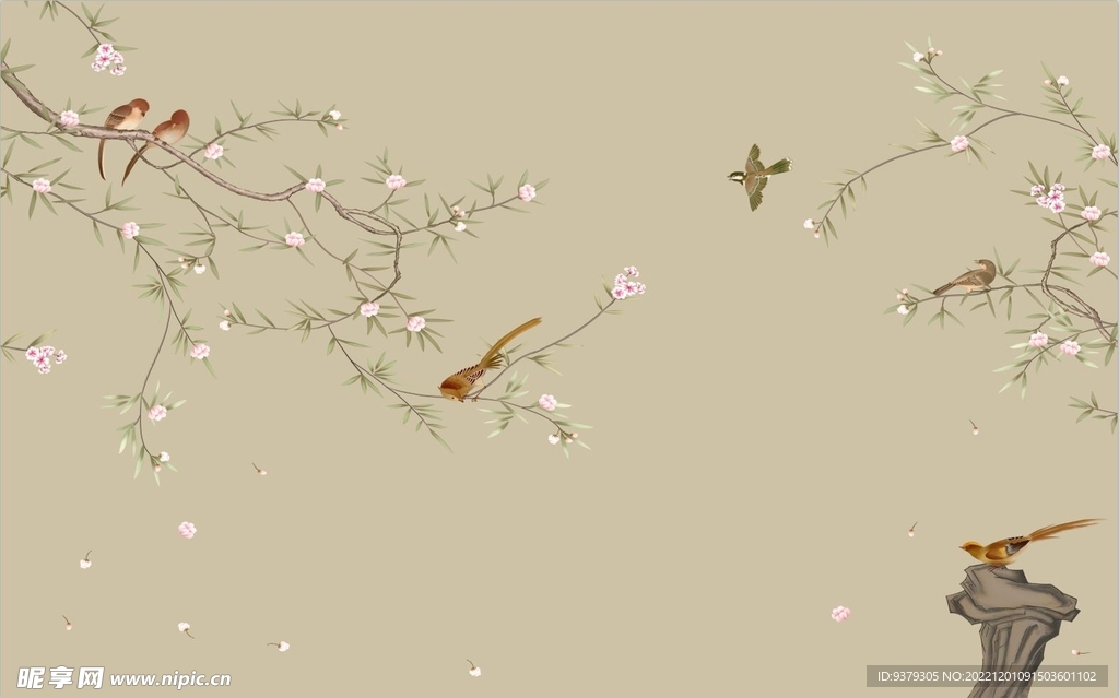 水墨山水简约花鸟背景客厅装饰画