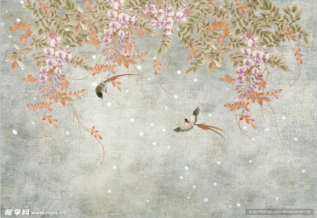 水墨山水简约花鸟背景客厅装饰画