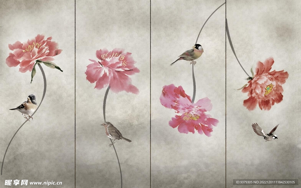 水墨山水简约花鸟背景客厅装饰画