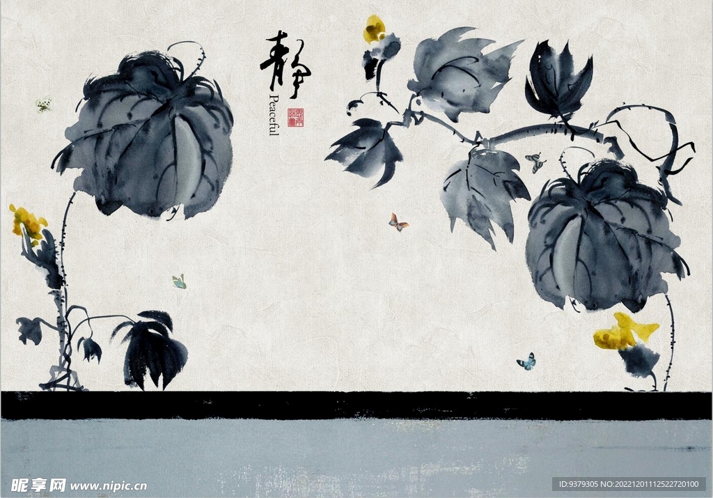 水墨山水简约花鸟背景客厅装饰画